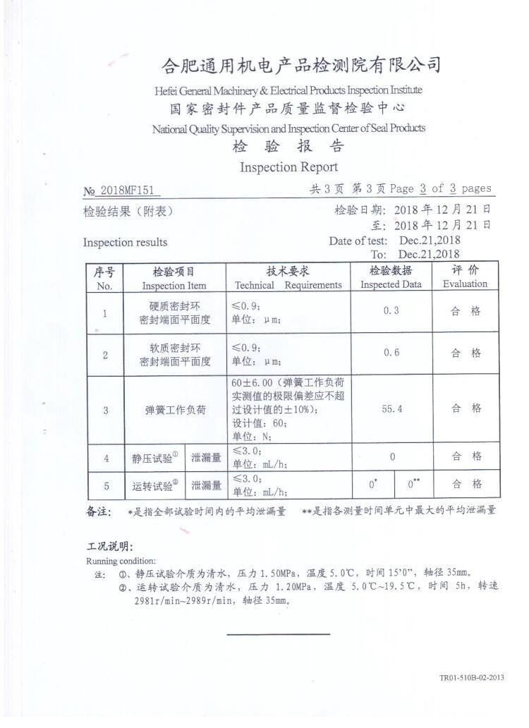 Сертификат испытаний механического уплотнения MG1
